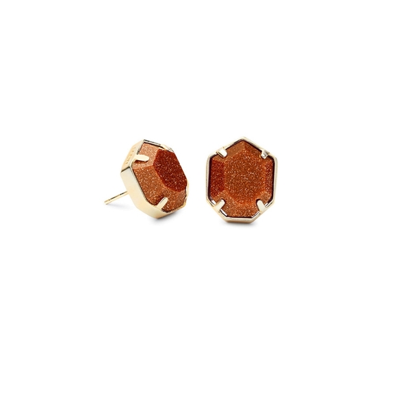NEW Kendra Scott Taylor Stud Earrings In Gold Orange Goldstone - Picture 2 of 7